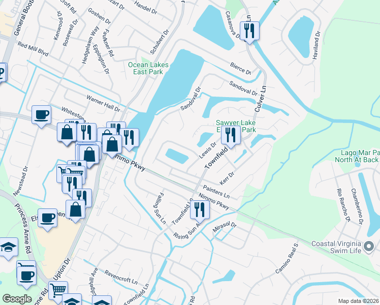 map of restaurants, bars, coffee shops, grocery stores, and more near 1001 Hawthorne Farm Terrace in Virginia Beach