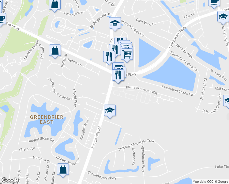 map of restaurants, bars, coffee shops, grocery stores, and more near 1300 Oak Ridge Lane in Chesapeake
