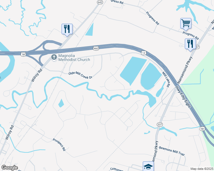 map of restaurants, bars, coffee shops, grocery stores, and more near 1783 Mill Wood Way in Suffolk