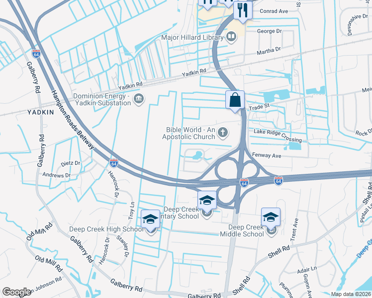 map of restaurants, bars, coffee shops, grocery stores, and more near 612 Annaka Loop in Chesapeake