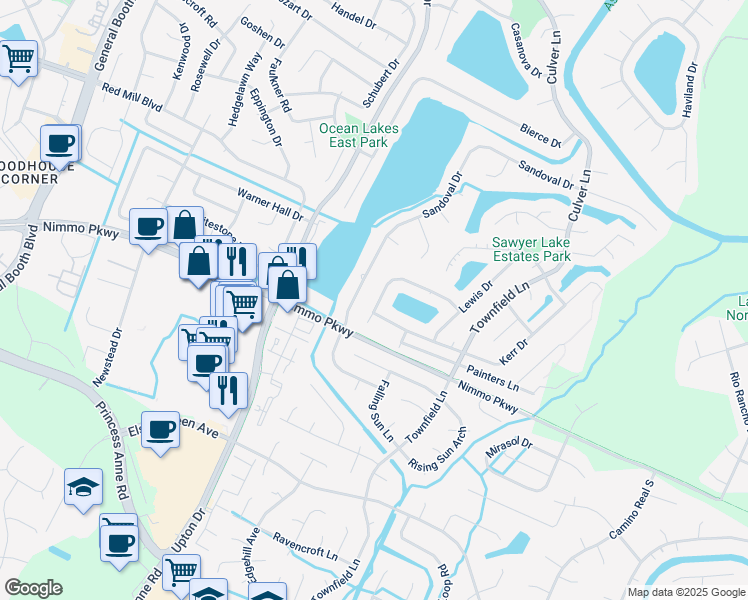 map of restaurants, bars, coffee shops, grocery stores, and more near 1064 Hawthorne Farm Terrace in Virginia Beach