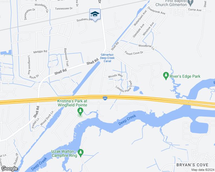 map of restaurants, bars, coffee shops, grocery stores, and more near 1203 Cedar Craft Lane in Chesapeake