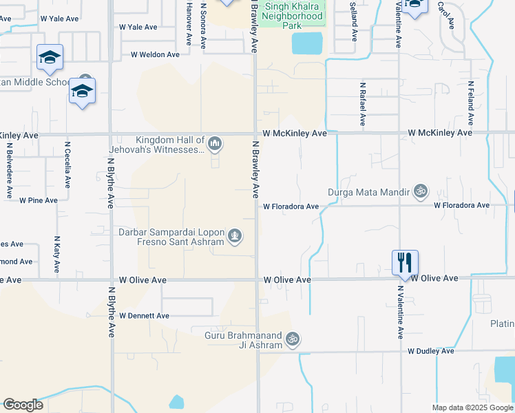 map of restaurants, bars, coffee shops, grocery stores, and more near 5405 West Floradora Avenue in Fresno