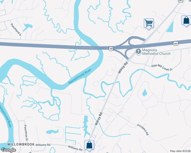 map of restaurants, bars, coffee shops, grocery stores, and more near 1522 River Creek Crescent in Suffolk