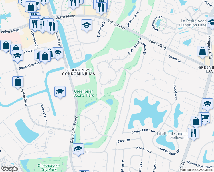 map of restaurants, bars, coffee shops, grocery stores, and more near 1011 Shoal Creek Trail in Chesapeake