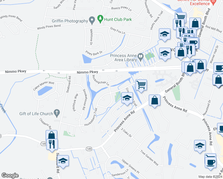 map of restaurants, bars, coffee shops, grocery stores, and more near 2292 Huckleberry Trail in Virginia Beach