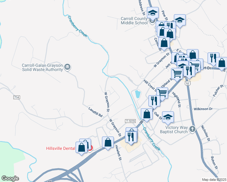 map of restaurants, bars, coffee shops, grocery stores, and more near Redbud Dr in Hillsville