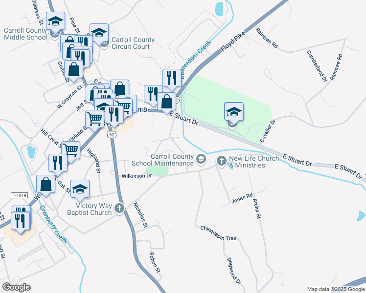 map of restaurants, bars, coffee shops, grocery stores, and more near 100 Kyle Drive in Hillsville