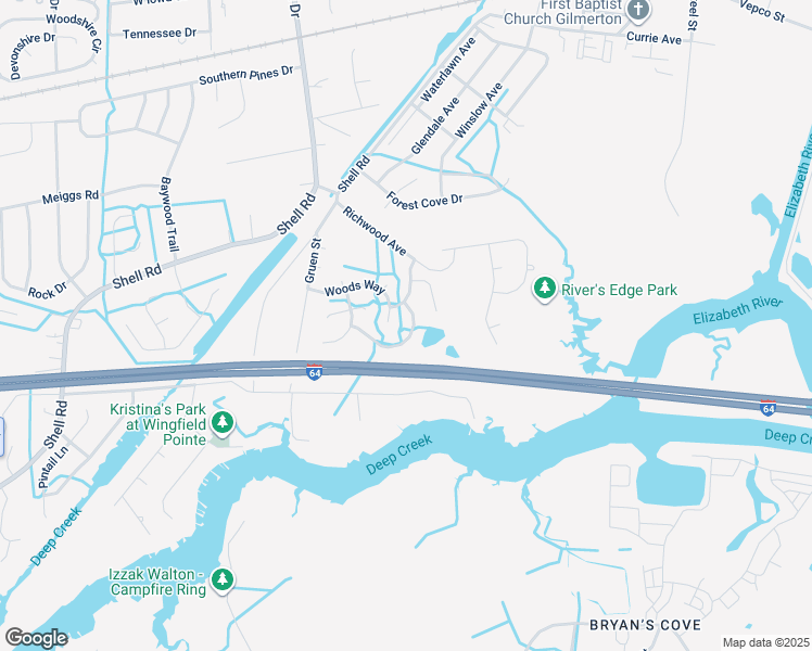 map of restaurants, bars, coffee shops, grocery stores, and more near 1220 London Plane Crest in Chesapeake