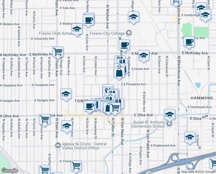 map of restaurants, bars, coffee shops, grocery stores, and more near 1380 North Wishon Avenue in Fresno