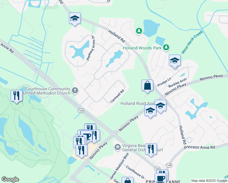 map of restaurants, bars, coffee shops, grocery stores, and more near 2561 Cantwell Road in Virginia Beach