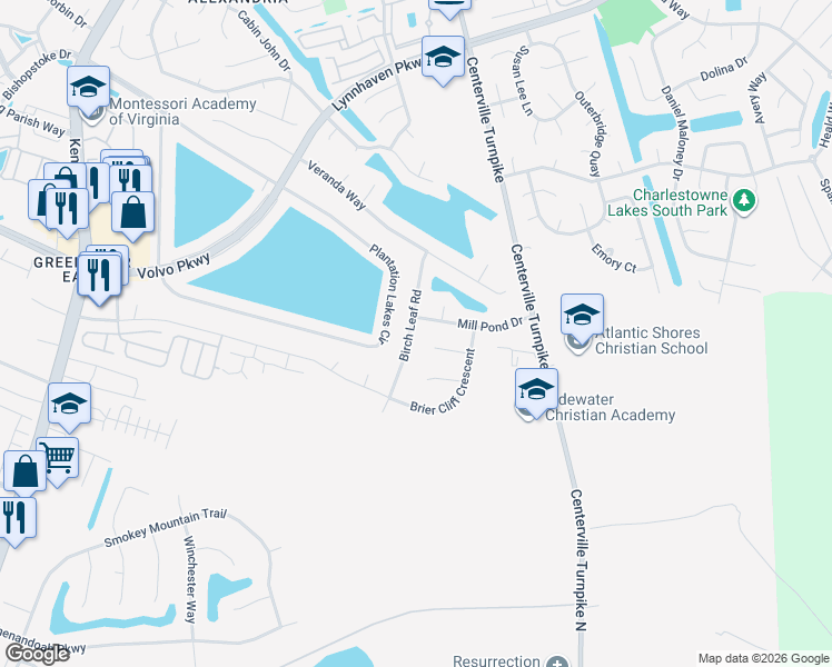 map of restaurants, bars, coffee shops, grocery stores, and more near 1421 Birch Leaf Road in Chesapeake