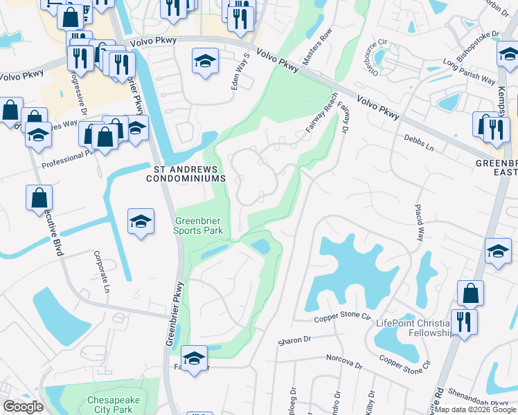 map of restaurants, bars, coffee shops, grocery stores, and more near 1005 Shoal Creek Trail in Chesapeake