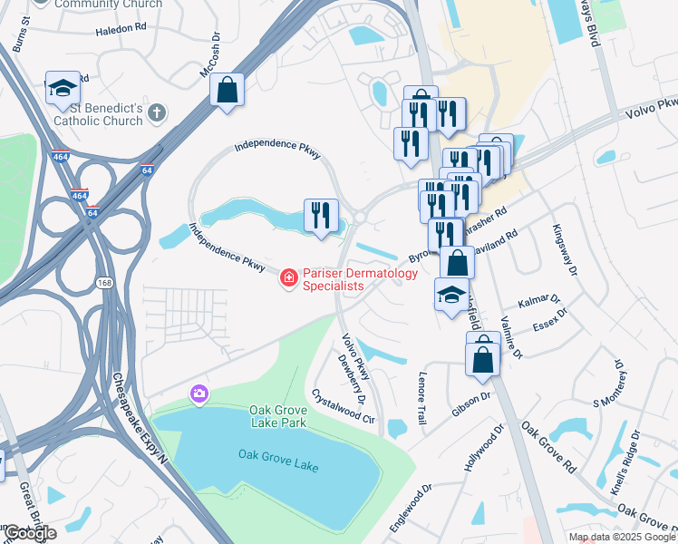 map of restaurants, bars, coffee shops, grocery stores, and more near 500 Independence Pkwy in Chesapeake