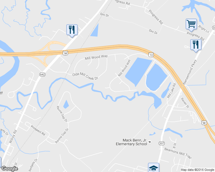 map of restaurants, bars, coffee shops, grocery stores, and more near 1400 Mill Landing Court in Suffolk