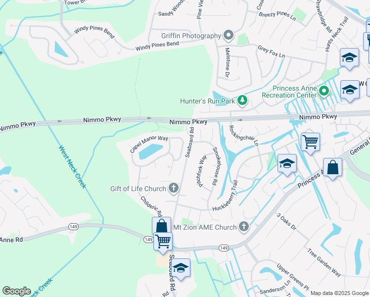 map of restaurants, bars, coffee shops, grocery stores, and more near 2228 Dulwich Place in Virginia Beach