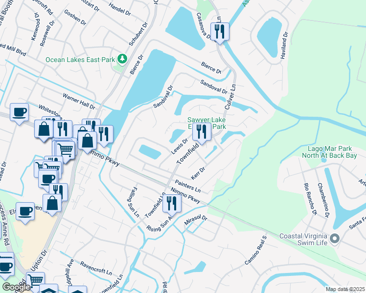map of restaurants, bars, coffee shops, grocery stores, and more near 2432 Lewis Drive in Virginia Beach