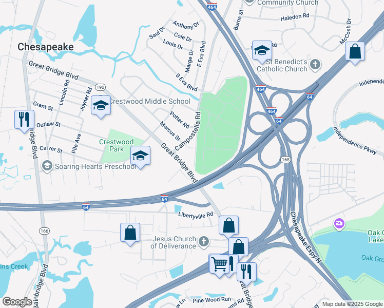 map of restaurants, bars, coffee shops, grocery stores, and more near 1016 Shelley Street in Chesapeake