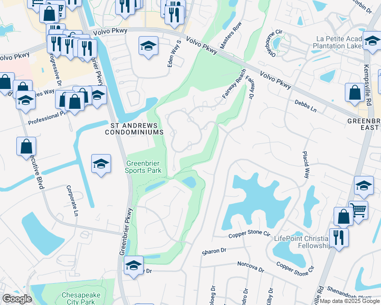 map of restaurants, bars, coffee shops, grocery stores, and more near 1019 Shoal Creek Trail in Chesapeake
