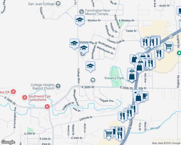 map of restaurants, bars, coffee shops, grocery stores, and more near 3250 East 30th Street in Farmington