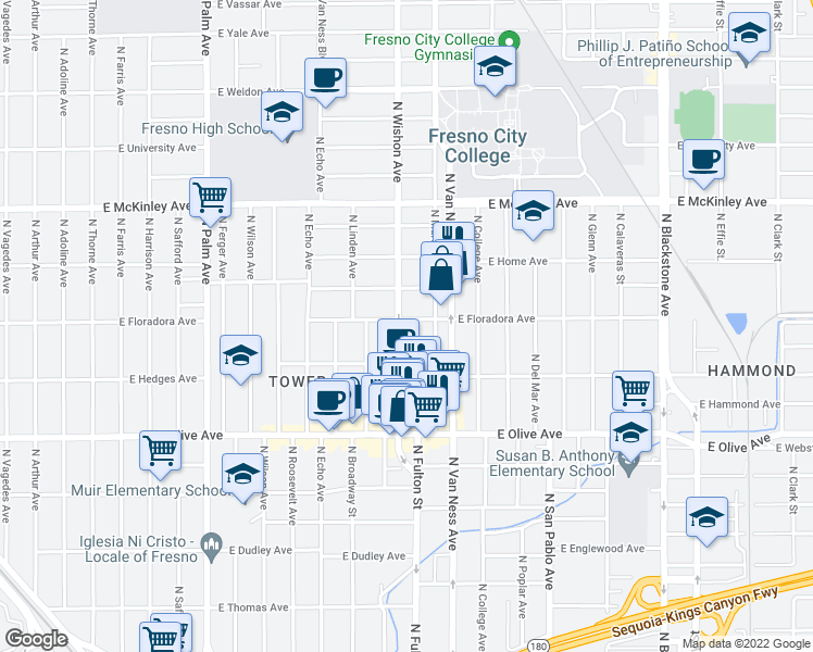 map of restaurants, bars, coffee shops, grocery stores, and more near in Fresno