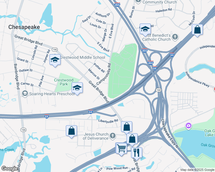 map of restaurants, bars, coffee shops, grocery stores, and more near 1016 Shelley Street in Chesapeake