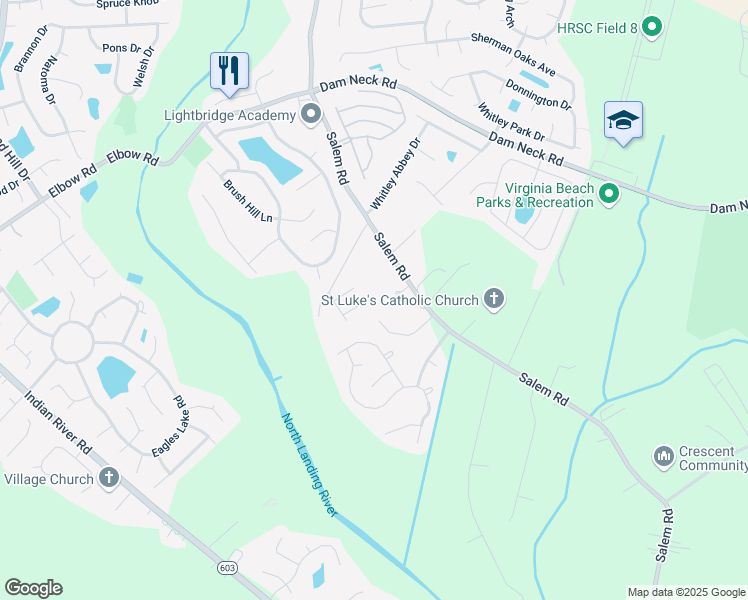map of restaurants, bars, coffee shops, grocery stores, and more near 3833 Kyndles Way in Virginia Beach