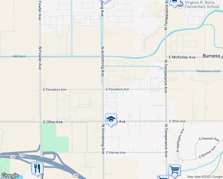 map of restaurants, bars, coffee shops, grocery stores, and more near 6308 East Floradora Avenue in Fresno