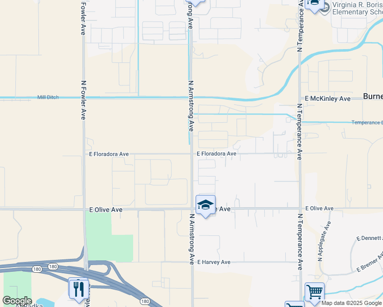 map of restaurants, bars, coffee shops, grocery stores, and more near 1700 North Armstrong Avenue in Fresno