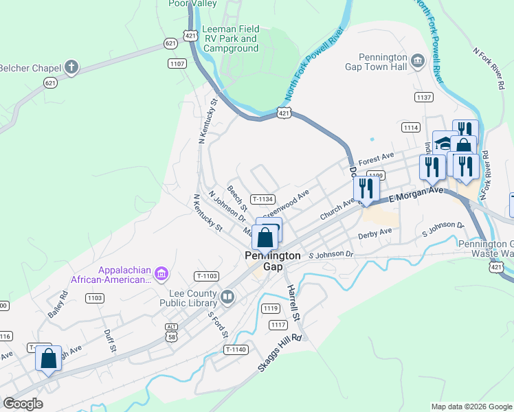 map of restaurants, bars, coffee shops, grocery stores, and more near Forest Avenue in Pennington Gap