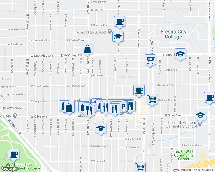 map of restaurants, bars, coffee shops, grocery stores, and more near 1396 North Roosevelt Avenue in Fresno
