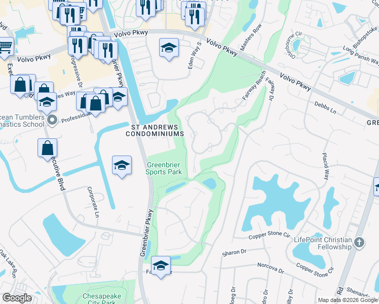 map of restaurants, bars, coffee shops, grocery stores, and more near 1017A Winged Foot Court in Chesapeake