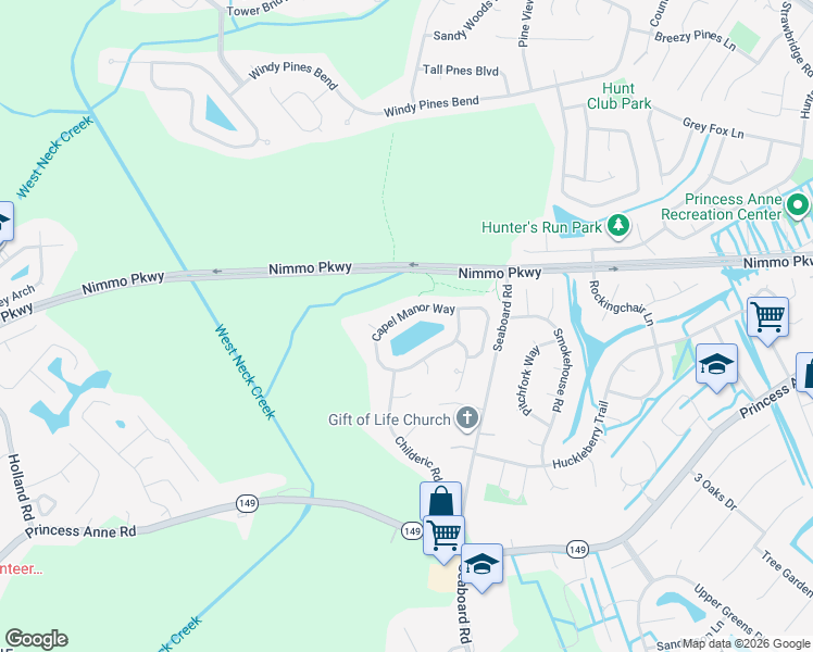 map of restaurants, bars, coffee shops, grocery stores, and more near 1869 Capel Manor Way in Virginia Beach