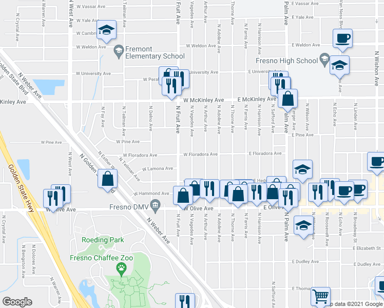 map of restaurants, bars, coffee shops, grocery stores, and more near West Floradora Avenue & North Vagedes Avenue in Fresno