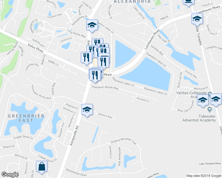 map of restaurants, bars, coffee shops, grocery stores, and more near 1617 Woodstock Court in Chesapeake