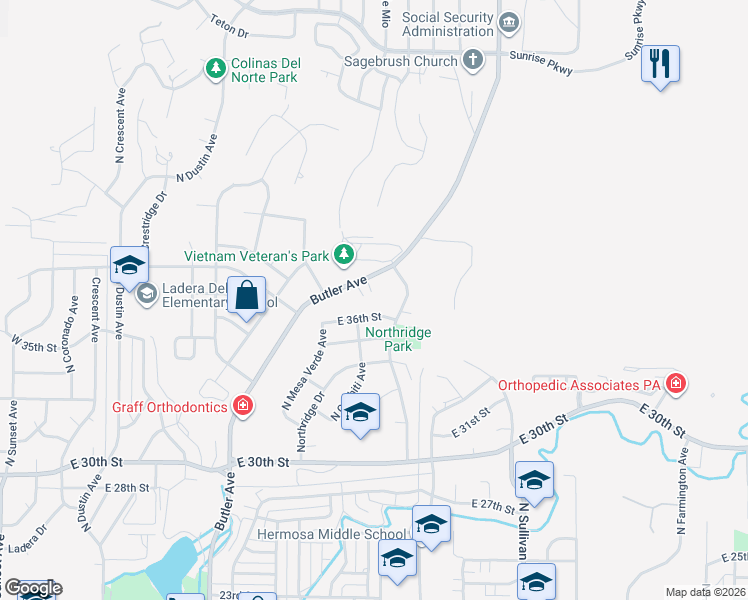 map of restaurants, bars, coffee shops, grocery stores, and more near 1301 East 36th Street in Farmington