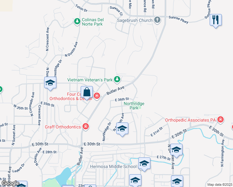 map of restaurants, bars, coffee shops, grocery stores, and more near 1104 East 36th Street in Farmington
