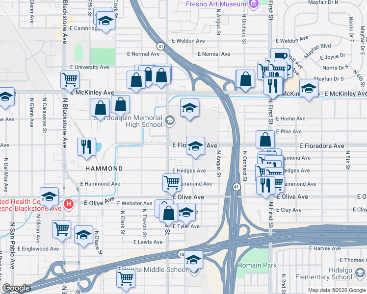 map of restaurants, bars, coffee shops, grocery stores, and more near 1343 North Mariposa Street in Fresno