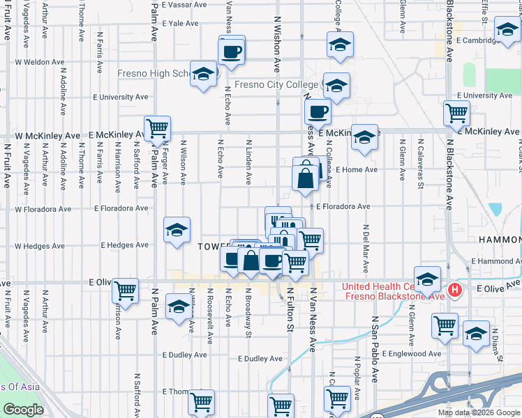 map of restaurants, bars, coffee shops, grocery stores, and more near 1360 North Linden Avenue in Fresno