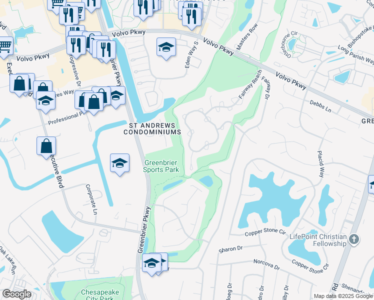 map of restaurants, bars, coffee shops, grocery stores, and more near 1017A Winged Foot Court in Chesapeake