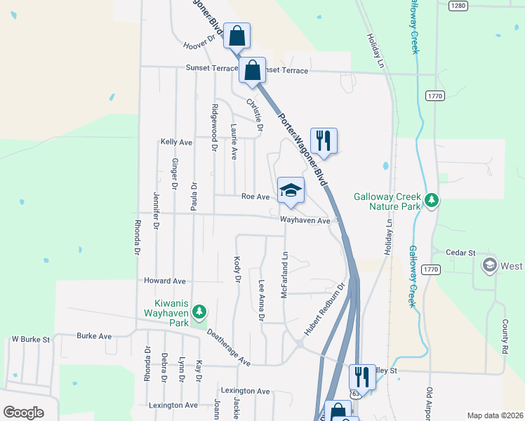 map of restaurants, bars, coffee shops, grocery stores, and more near 1950-2198 Wayhaven Avenue in West Plains