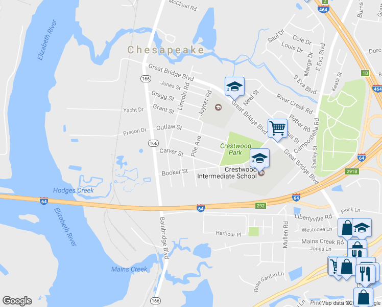 map of restaurants, bars, coffee shops, grocery stores, and more near 403 Pile Avenue in Chesapeake