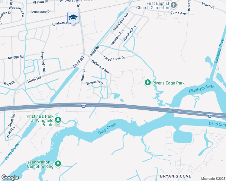map of restaurants, bars, coffee shops, grocery stores, and more near 1225 London Plane Crest in Chesapeake