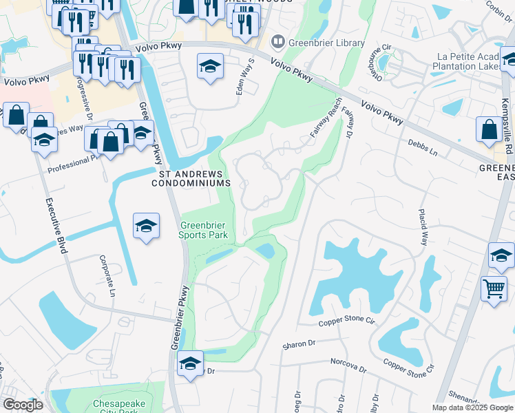 map of restaurants, bars, coffee shops, grocery stores, and more near 1008 Shoal Creek Trail in Chesapeake