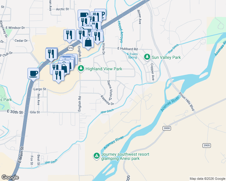 map of restaurants, bars, coffee shops, grocery stores, and more near 3606 Sierra Vista Drive in Farmington