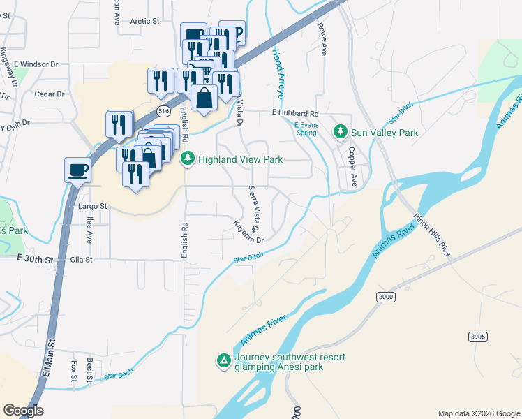 map of restaurants, bars, coffee shops, grocery stores, and more near 3606 Sierra Vista Drive in Farmington