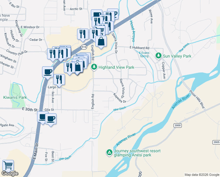 map of restaurants, bars, coffee shops, grocery stores, and more near 3607 Highland View Drive in Farmington