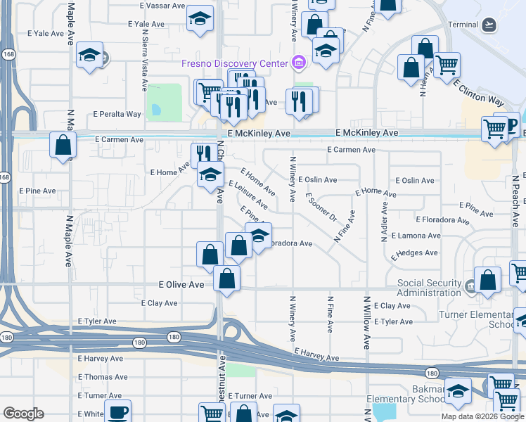 map of restaurants, bars, coffee shops, grocery stores, and more near 4880 East Home Avenue in Fresno