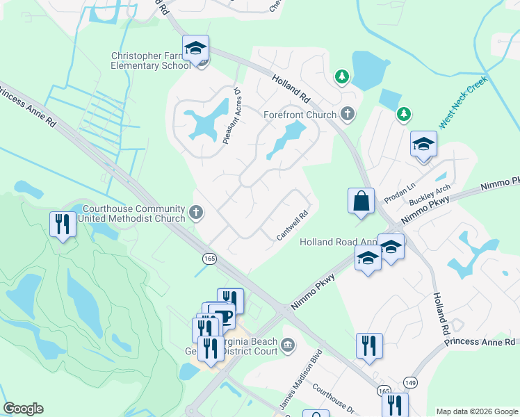 map of restaurants, bars, coffee shops, grocery stores, and more near 2013 Plowshares Court in Virginia Beach