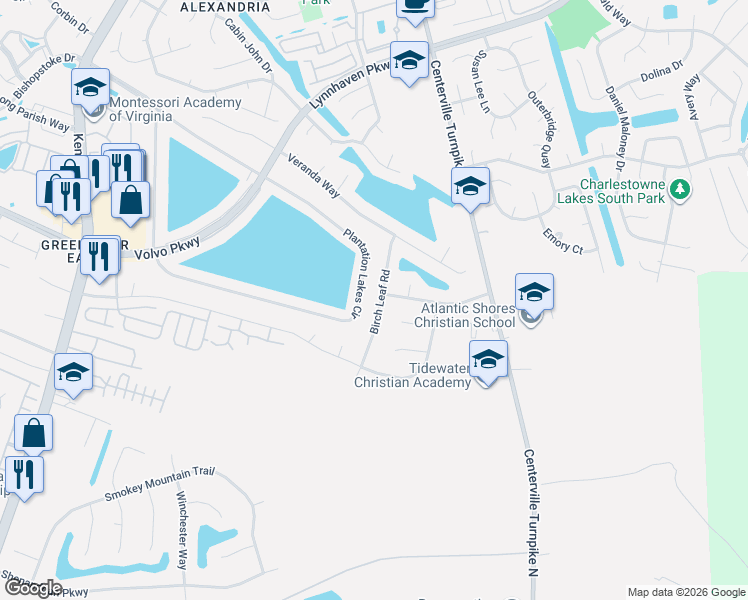 map of restaurants, bars, coffee shops, grocery stores, and more near 1504 Birch Leaf Road in Chesapeake